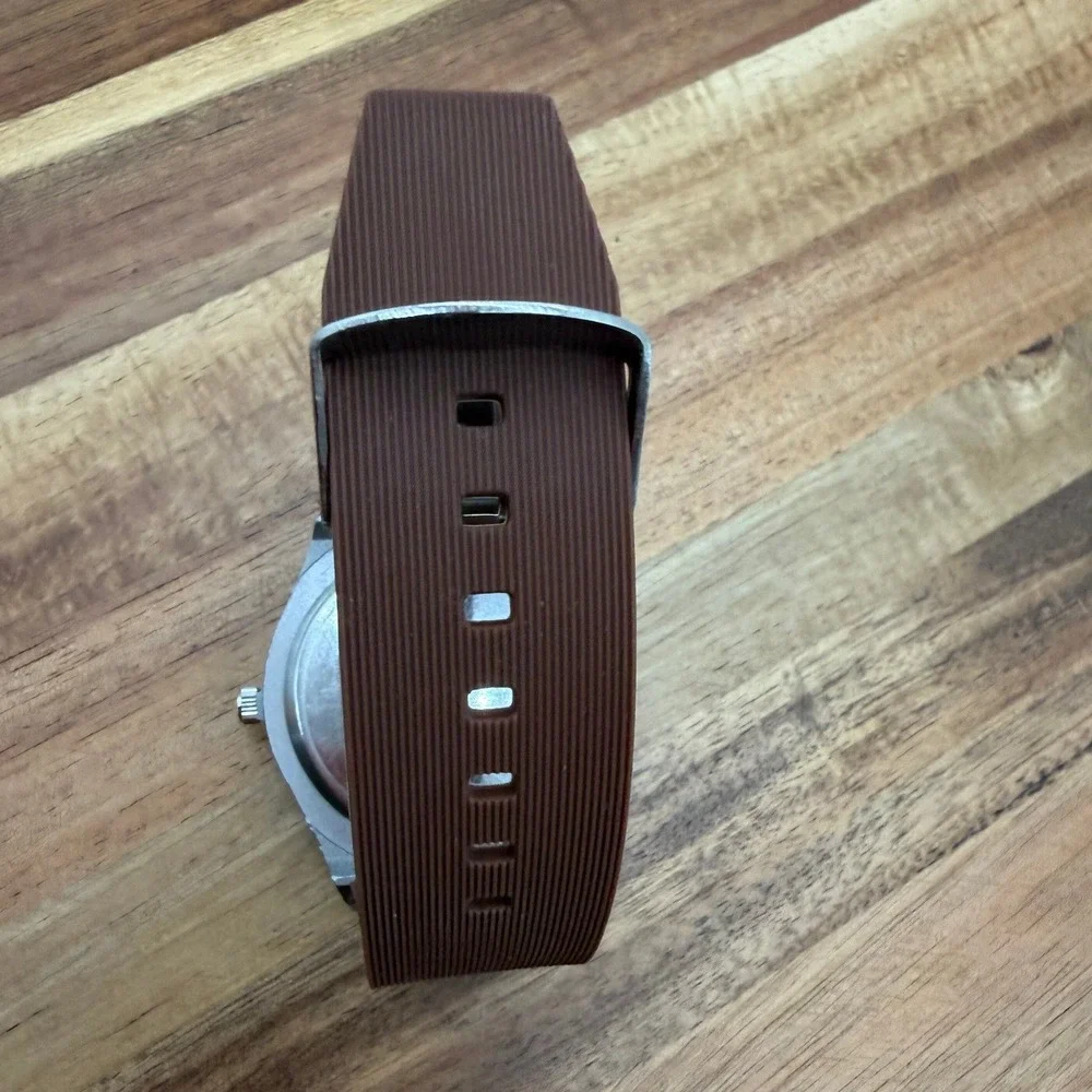 Kanima‎ Skeleton Dial Watch Brown Silicone Strap Silver Geometric Case 0461